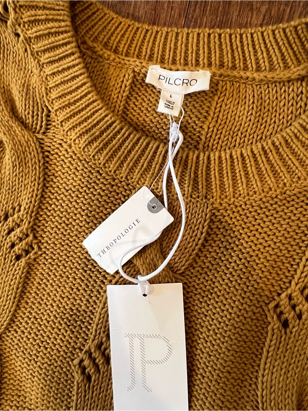 Pilcro Anthropologie Cable Knit Layered Shirt Sweater Mustard L Preppy NWT - Picture 5 of 8